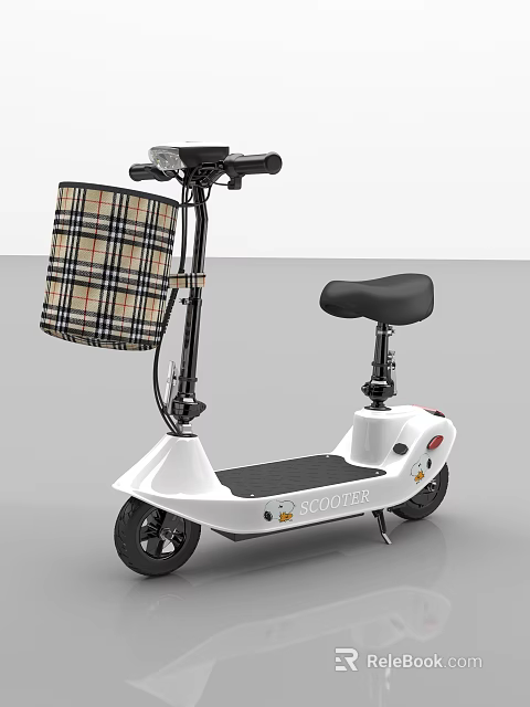 Stylish White Electric Scooter With Plaid Front Basket And Black Seat 3d model 
