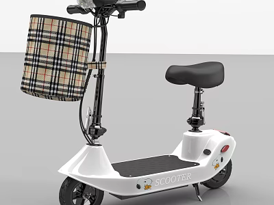 Stylish White Electric Scooter With Plaid Front Basket And Black Seat 3d model