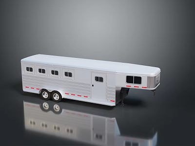 White Horse Trailer Featuring Multiple Windows Dual Wheels Red Stripes and Smooth Surface Reflection 3d model
