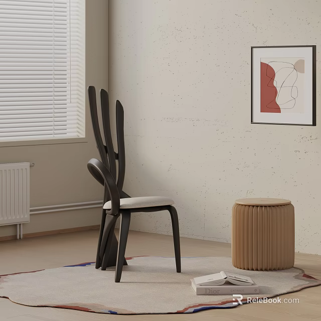 Black Dining Chair Modern Curved Back Design With Beige Stool Framed Art And Light Wall Interior 3d model 