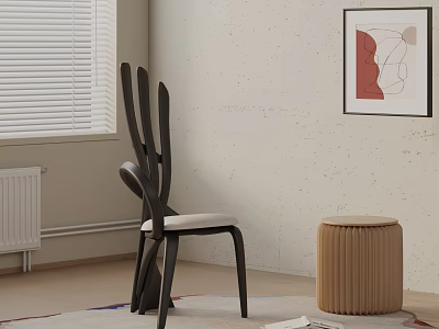 Black Dining Chair Modern Curved Back Design With Beige Stool Framed Art And Light Wall Interior 3d model
