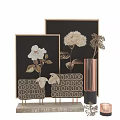 Decorative Ornament Set With Black Framed Gold Leaf Artwork Gold Sheep Figurines And Copper Vase