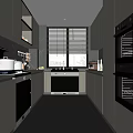 Modern Kitchen Interior With White Cabinets Black Countertops Blinds And Appliances