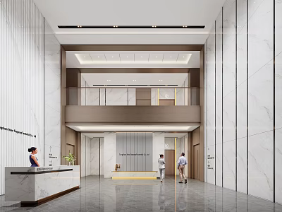 Modern Office Reception Desk In Lobby With Marble Walls And Modern Lighting Design 3d model