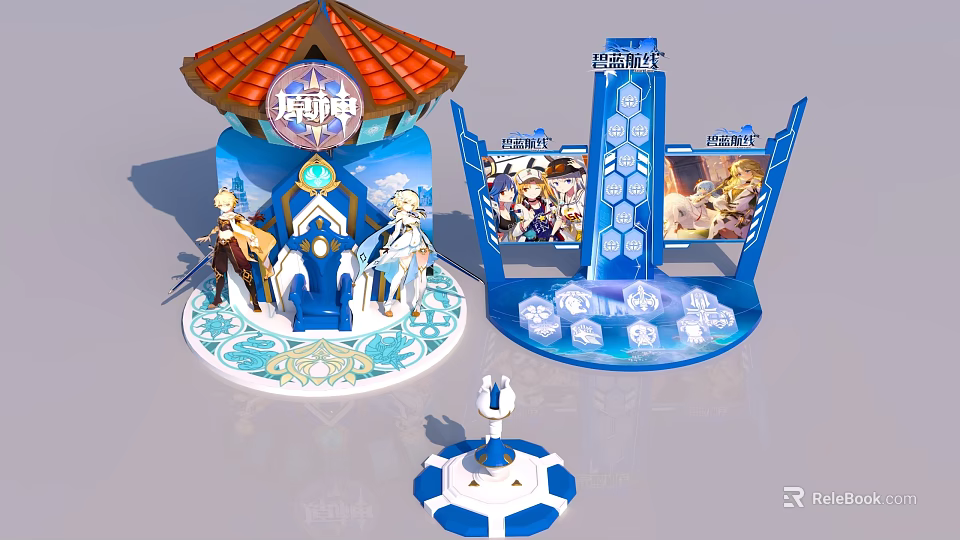 Genshin Impact Theme Exhibition Booth Design With Blue White Decor And Character Stands 3d model 