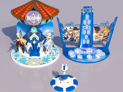 Genshin Impact Theme Exhibition Booth Design With Blue White Decor And Character Stands 3d model