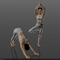 Two Women Doing Yoga Poses in Activewear on Shiny Dark Floor