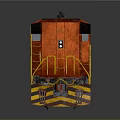Orange Rusty Train Locomotive with Wheels and Reflection on Gray Background