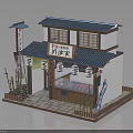Traditional Japanese Building with Blue Tiled Roof White Walls Wooden Storefront and Hanging Lanterns