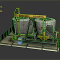 Industrial Oilfield Equipment Setup With Yellow Pump Jacks Large Storage Tanks And Blue Control Panel