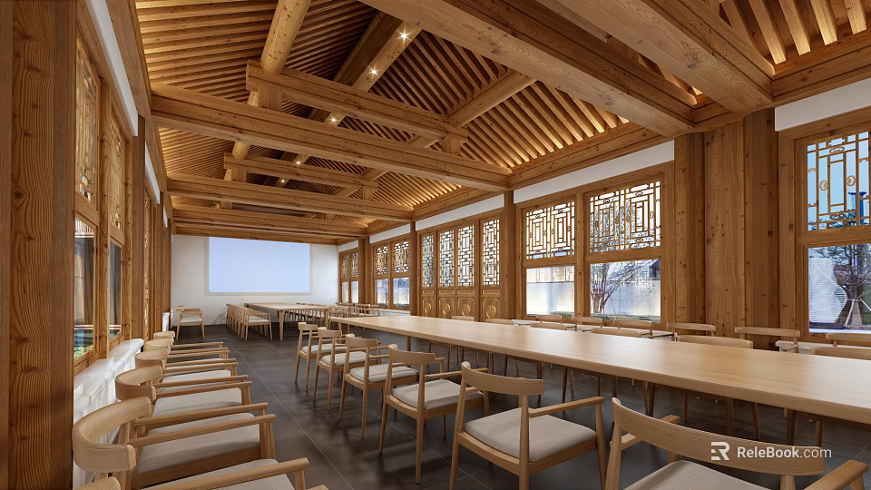 Traditional Wooden Conference Room With Beamed Ceiling Long Tables Chairs And Lattice Windows 3d model 
