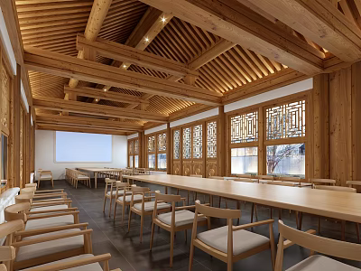 Traditional Wooden Conference Room With Beamed Ceiling Long Tables Chairs And Lattice Windows 3d model