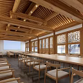 Traditional Wooden Conference Room With Beamed Ceiling Long Tables Chairs And Lattice Windows