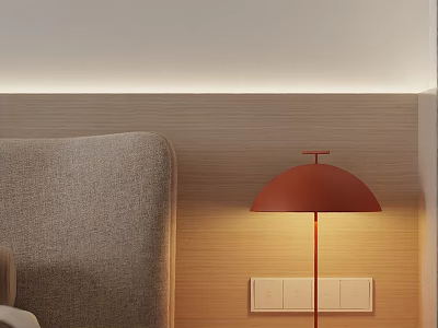 Modern Open Living Dining Room With Wooden Walls Sofa Dining Table And Red Pendant Light 3d model