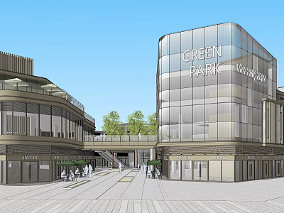 Modern Green Park Building With Glass Facade Plaza Pedestrians And Trees 3d model