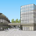 Modern Green Park Building With Glass Facade Plaza Pedestrians And Trees