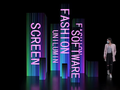 Illuminated Exhibition Island Displaying Colorful Screen Fashion Software Words 3d model