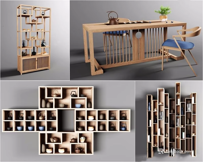 Chinese Style Solid Wood Tea Table and Chairs with Tea Sets and Shelf 3d model