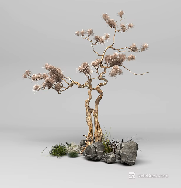 Decorative Golden Trunk Tree With Pink Flowers Stones And Green Grass 3d model 