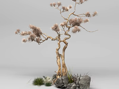 Decorative Golden Trunk Tree With Pink Flowers Stones And Green Grass 3d model