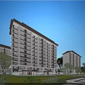 Modern High Rise Residential Building With Lush Greenery Lawn And Clear Blue Sky