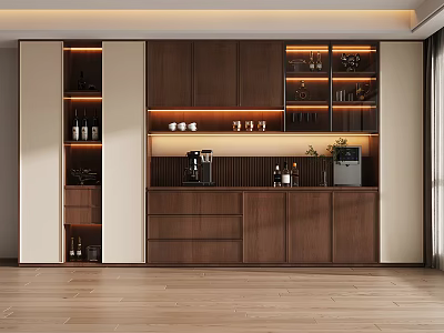 Modern Brown And Beige Wine Cabinet With Multiple Shelves LED Lighting And Integrated Coffee Machine 3d model