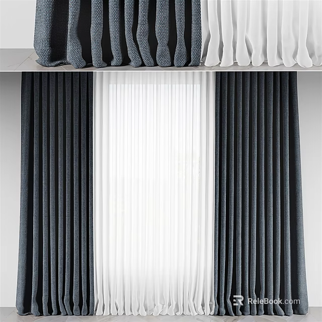 Modern Gray And White Double Layer Curtains With Sheer And Solid Panels For Home 3d model