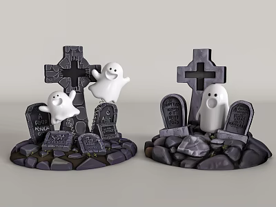 Cute Decorative Ghost Dolls Display With Crosses Tombstones And Stone Bases 3d model