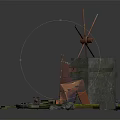 Cartoon Scene Featuring Windmill Stone Platform Tents Steps Tiny Figures And Small Plants 3d model