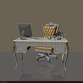 Elegant White Gold Accented Office Desk With Computer Monitor Green Plant And Tufted Yellow Chair