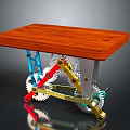Wooden Tabletop Mechanical Structure With Colorful Gears And Metal Support