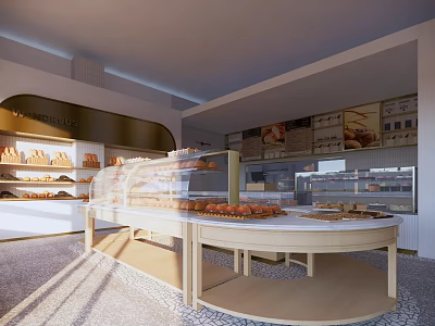 Dessert Shop Interior With Glass Display Cases Wooden Counter Fresh Pastries And Bread 3d model