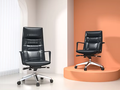 Black Leather Office Chairs with Armrests and Silver Wheel Bases on 3d model
