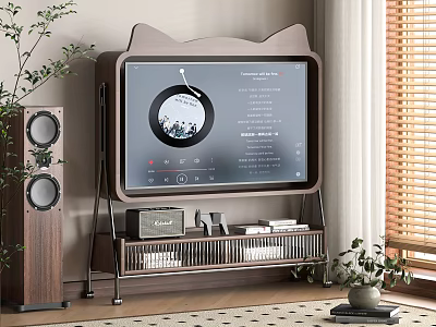 Cat Ear Design TV on Wooden Stand with Speaker and Potted Plant Near Blinds 3d model