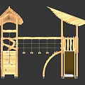 Outdoor Wooden Playground Equipment with Slide Climbing Net and Thatched Roofs