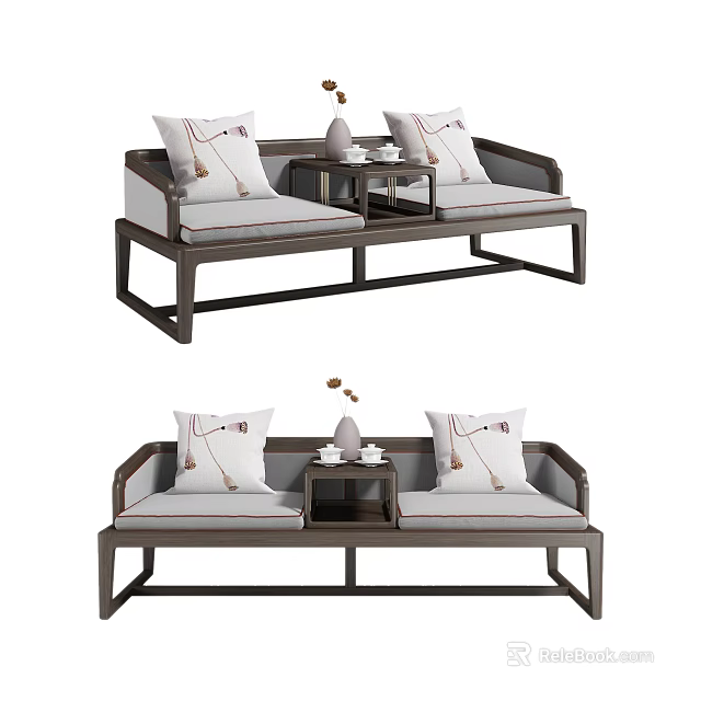 Chinese Style Daybed With Decorative Pillows And Small Side Table Design 3d model 