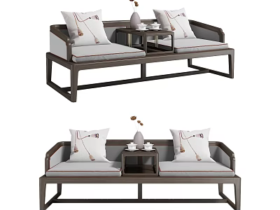 Chinese Style Daybed With Decorative Pillows And Small Side Table Design 3d model