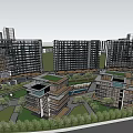 Modern Commercial Complex With High Rise Buildings Green Roofs And Open Courtyards