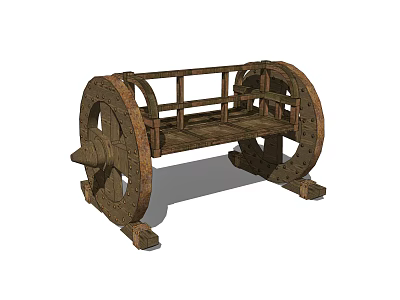 Vintage Wooden Landscape Seat With Wheel Structure For Outdoor Garden Decor 3d model