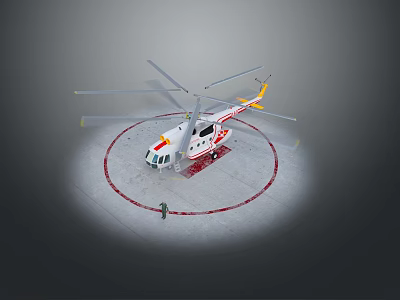 White And Red Rescue Helicopter With Rotors On Marked Helipad And Ground Personnel 3d model