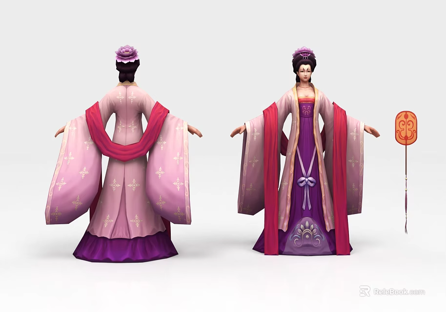 Ancient Chinese Game Movie Character In Elegant Pink Purple Robe With Hair Ornament Red Lantern 3d model 