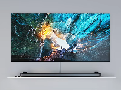 4K UHD Television Displaying Colorful Cave Landscape with Soundbar on White Shelf 3d model