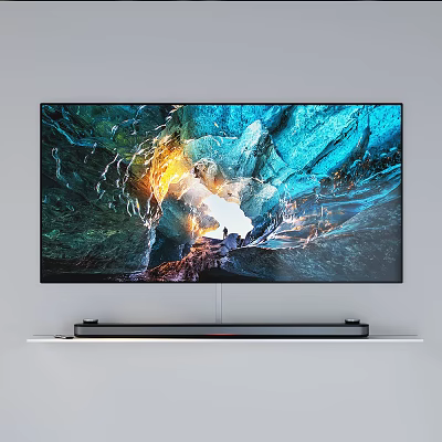 4K UHD Television Displaying Colorful Cave Landscape with Soundbar on White Shelf 3d model