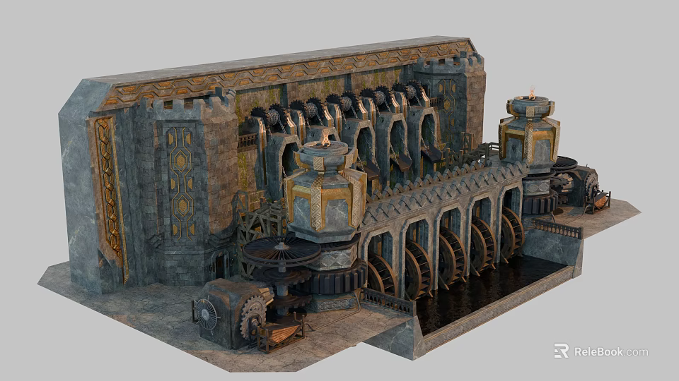 Ancient Medieval Watermill Structure With Stone Arches Towers Gear And Water Flow 3d model 