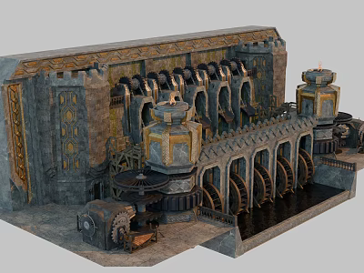 Ancient Medieval Watermill Structure With Stone Arches Towers Gear And Water Flow 3d model
