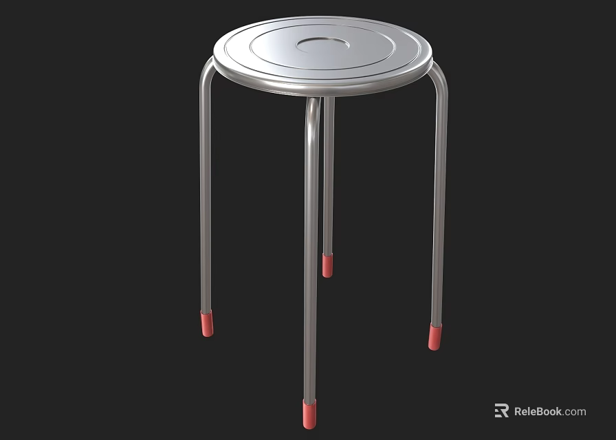 Metal Stool with Round Seat and Four Metal Legs Featuring Red Foot Pads 3d model 