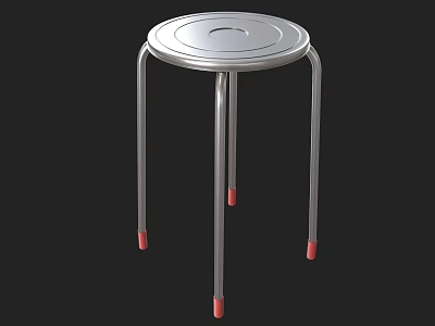 Metal Stool with Round Seat and Four Metal Legs Featuring Red Foot Pads 3d model