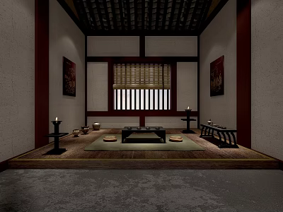 Cartoon Scene of Traditional Chinese Style Room with Tatami Low Table Bamboo Blind and Decorative Paintings 3d model