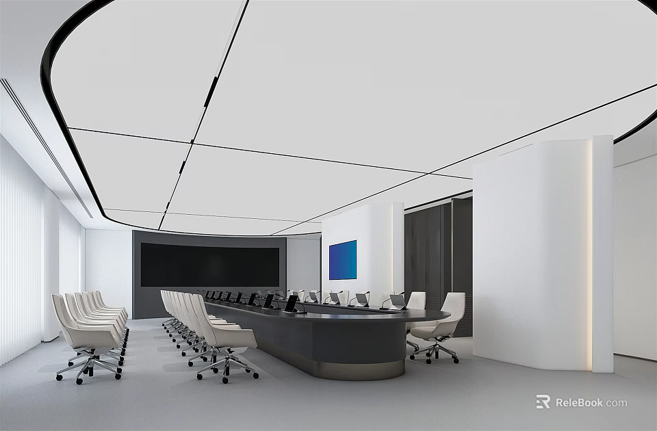 Modern Conference Room Interior With Large Table Ergonomic Chairs And Projector Screen 3d model 