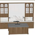 Dark Wood Kitchen Cabinets With Arched Design And Marble Countertop Island